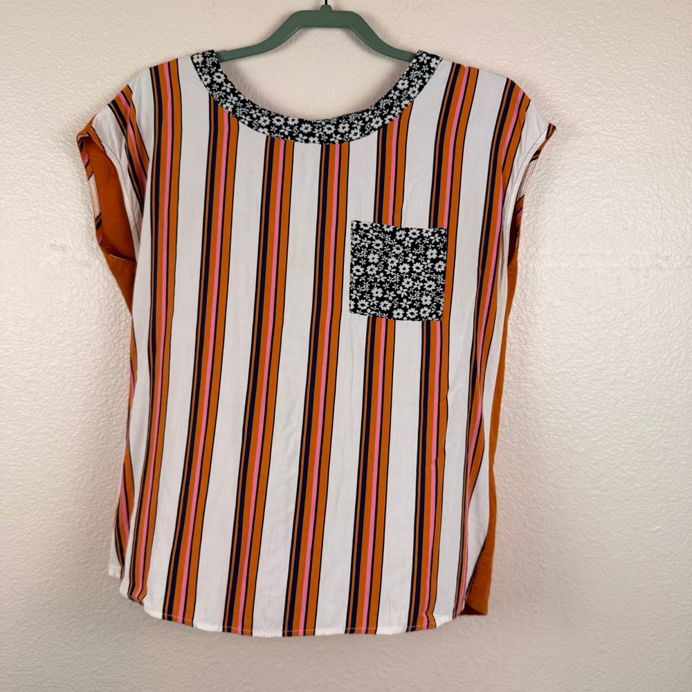 Anthropologie Porridge Mixed Media Blouse Womens M Orange Stripe‎ Floral Pocket